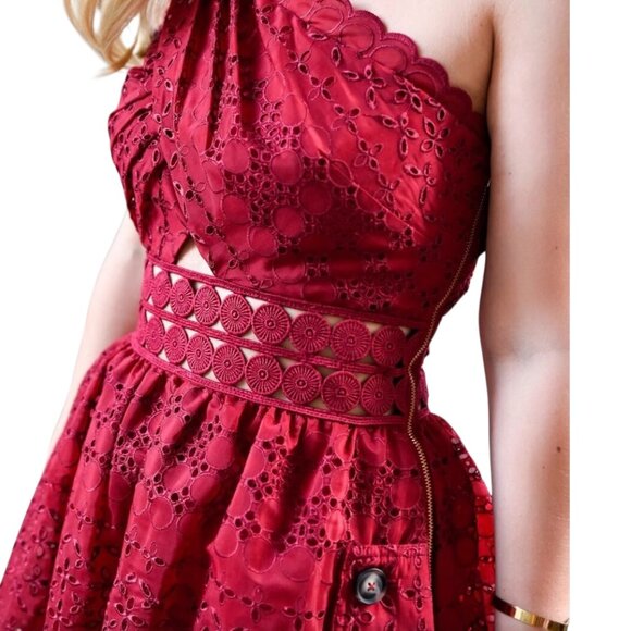 Self-Portrait One Shoulder Cranberry Red Eyelet Lace Dress A-Line Cutout Size 8 - Picture 2 of 15